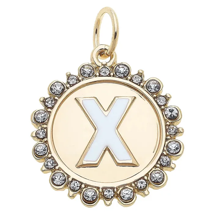 Canvas Rhinestone Letter Disc Charm in Shiny Gold Charm Necklaces