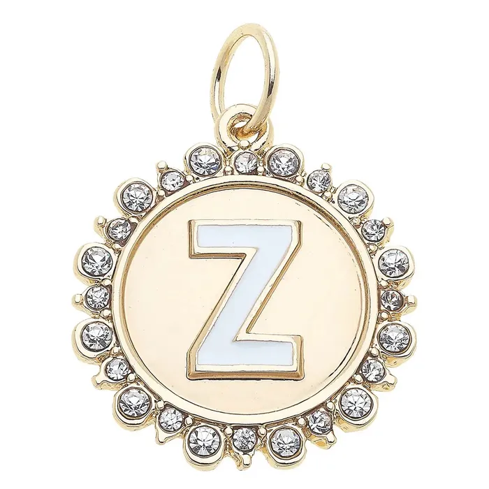 Canvas Rhinestone Letter Disc Charm in Shiny Gold Charm Necklaces