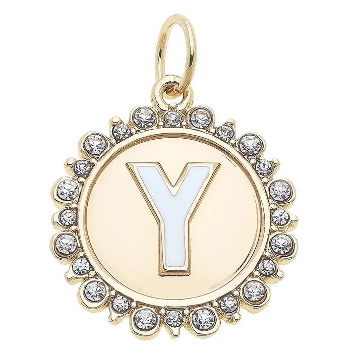 Canvas Rhinestone Letter Disc Charm in Shiny Gold Charm Necklaces