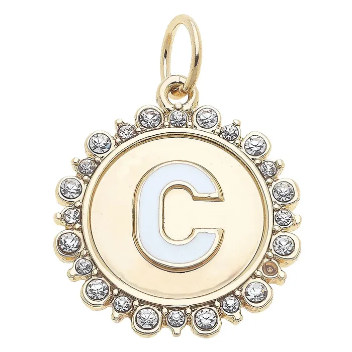 Canvas Rhinestone Letter Disc Charm in Shiny Gold Charm Necklaces