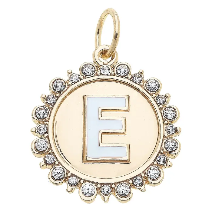 Canvas Rhinestone Letter Disc Charm in Shiny Gold Charm Necklaces