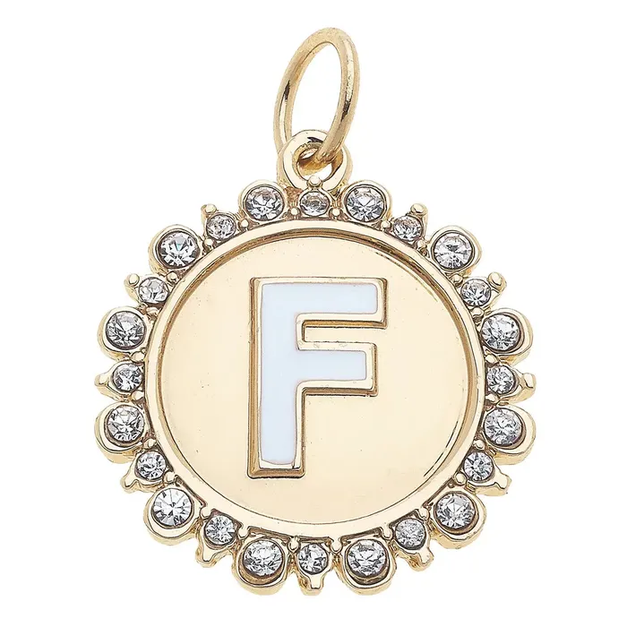 Canvas Rhinestone Letter Disc Charm in Shiny Gold Charm Necklaces