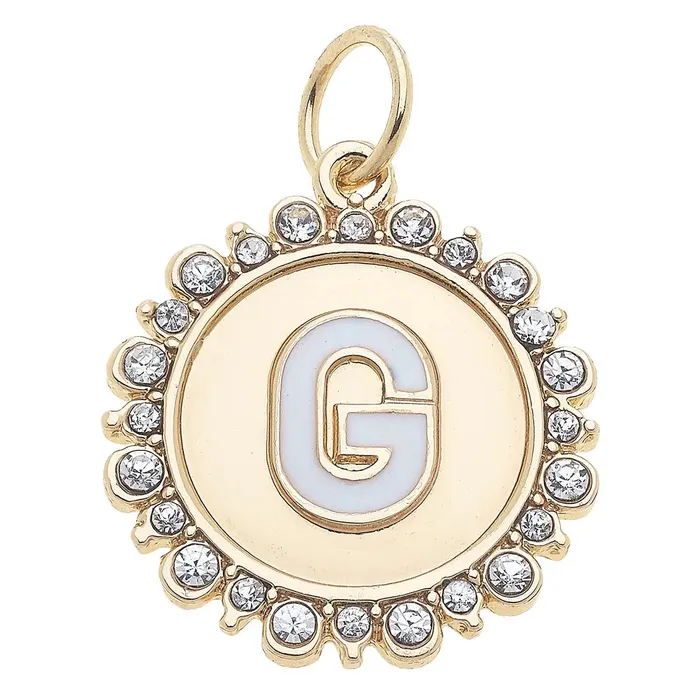 Canvas Rhinestone Letter Disc Charm in Shiny Gold Charm Necklaces