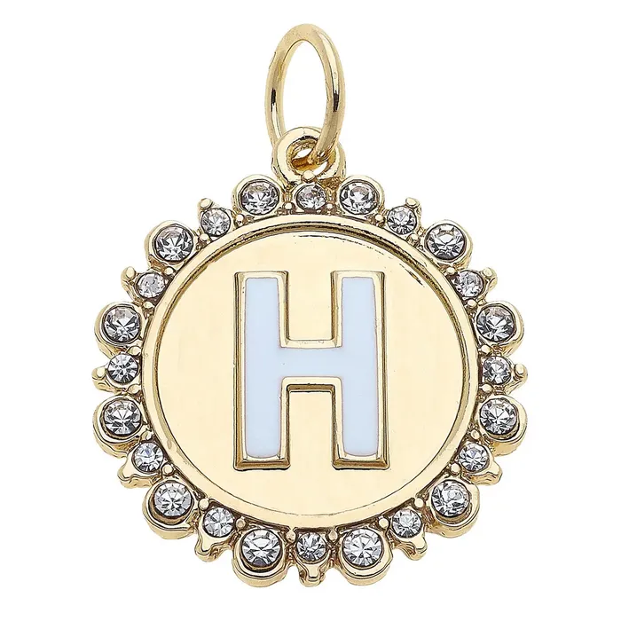 Canvas Rhinestone Letter Disc Charm in Shiny Gold Charm Necklaces