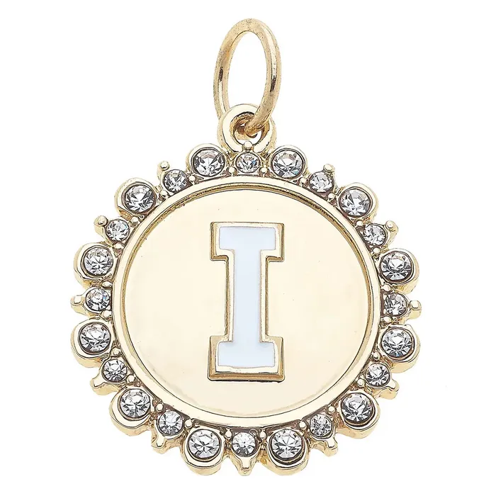 Canvas Rhinestone Letter Disc Charm in Shiny Gold Charm Necklaces