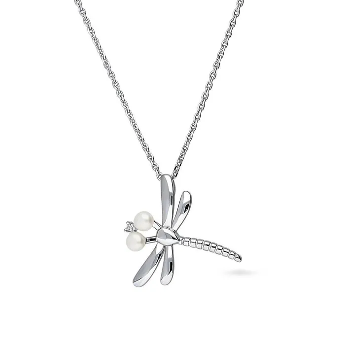 Dragonfly Button Cultured Pearl Necklace in Sterling Silver BERRICLE Necklaces