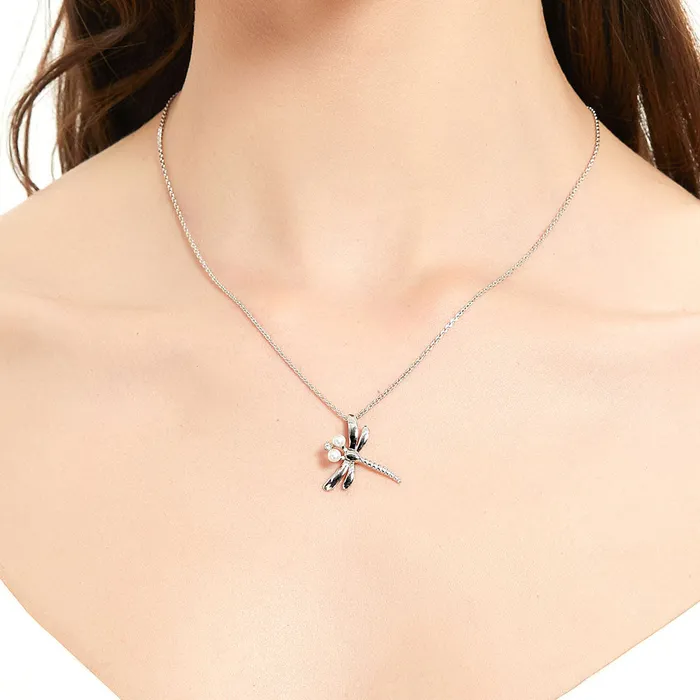 Dragonfly Button Cultured Pearl Necklace in Sterling Silver BERRICLE Necklaces