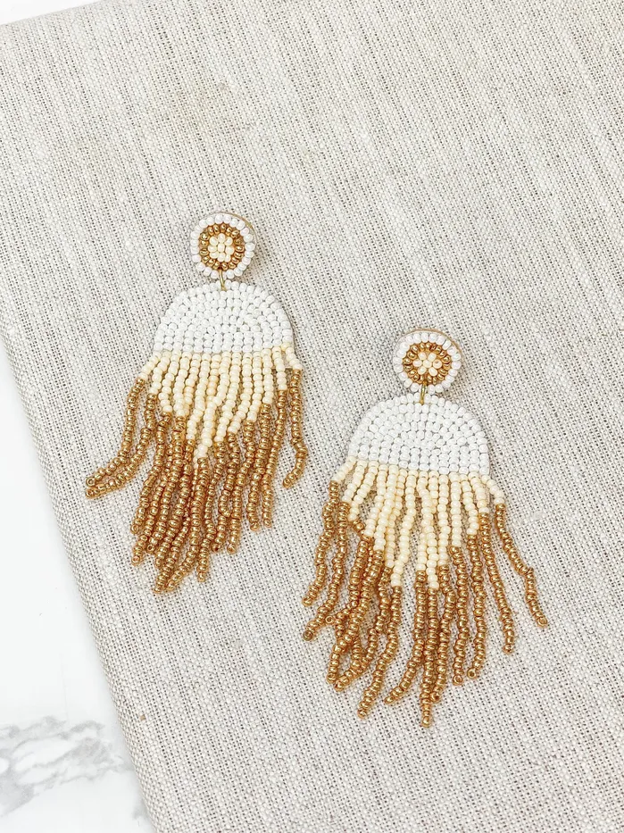 Earrings Geo Seed Bead Fringe Dangle Earrings Ivory Prep Obsessed MOA