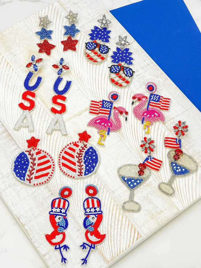 Earrings Prep Obsessed TL Patriotic Parrots Beaded Dangle Earrings
