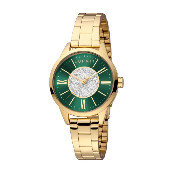 ESPRIT Womens Watch Gold Color Case with Dark Green Silver Glitter Dial 3 Hands 5 ATM Esprit Watches ESPRIT Womens Watch Gold Color Case with Dark Green Silver Glitter Dial 3 Hands 5 ATM Esprit Watches