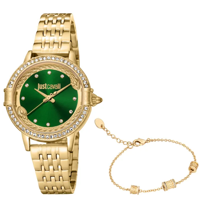 Just Cavalli Womens Watch Gold Color Case Dark Green Dial Gold Color Metal Bracelet Just Cavalli Bracelets