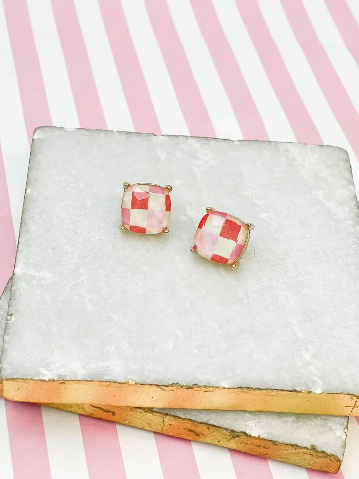 Prep Obsessed RNK Earrings Pink Check Printed Glass Stud Earrings
