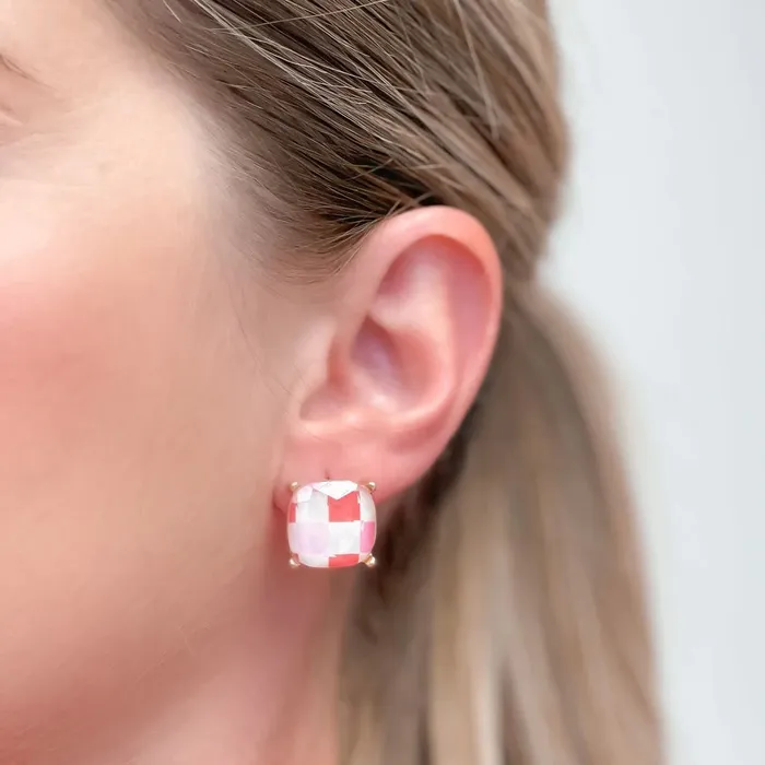 Prep Obsessed RNK Earrings Pink Check Printed Glass Stud Earrings