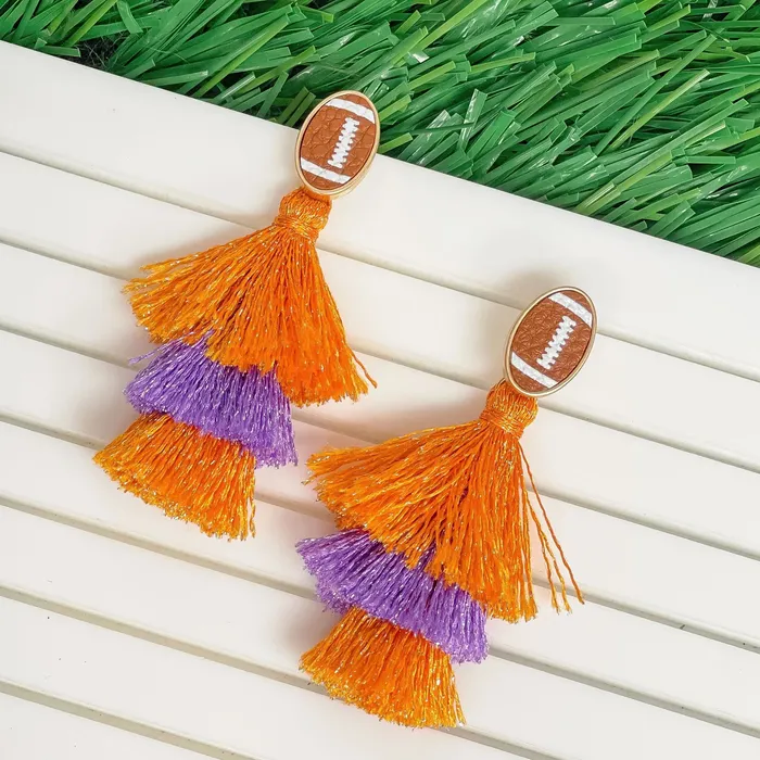 Prep Obsessed WT Earrings Football Tiered Glitter Tassel Dangle Earrings Orange Purple