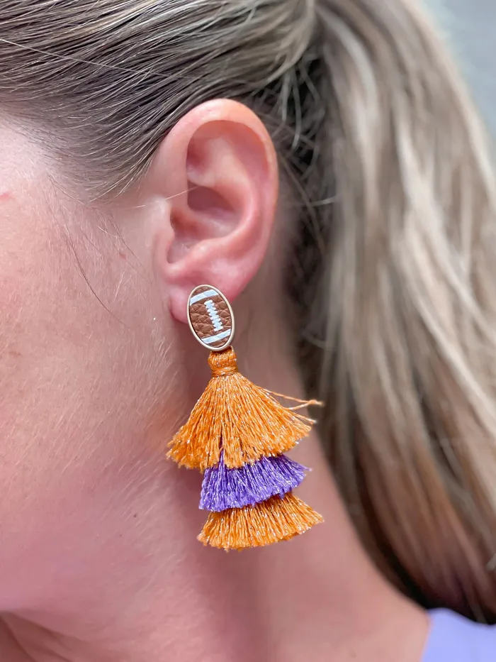 Prep Obsessed WT Earrings Football Tiered Glitter Tassel Dangle Earrings Orange Purple