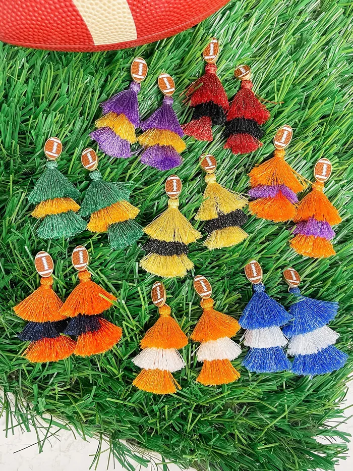 Prep Obsessed WT Earrings Football Tiered Glitter Tassel Dangle Earrings Orange Purple