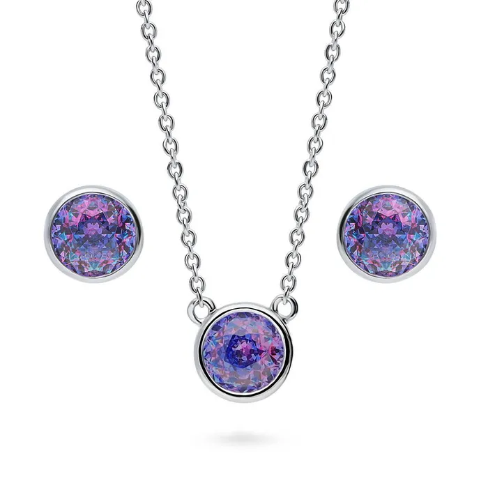 Solitaire Kaleidoscope Purple Aqua CZ Set in Sterling Silver BERRICLE Earrings