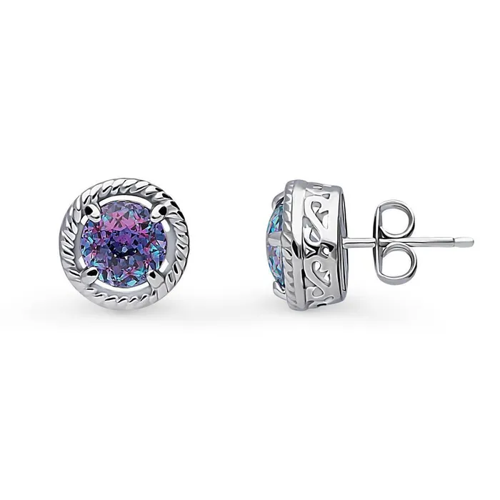 Solitaire Kaleidoscope Purple Aqua CZ Set in Sterling Silver BERRICLE Earrings