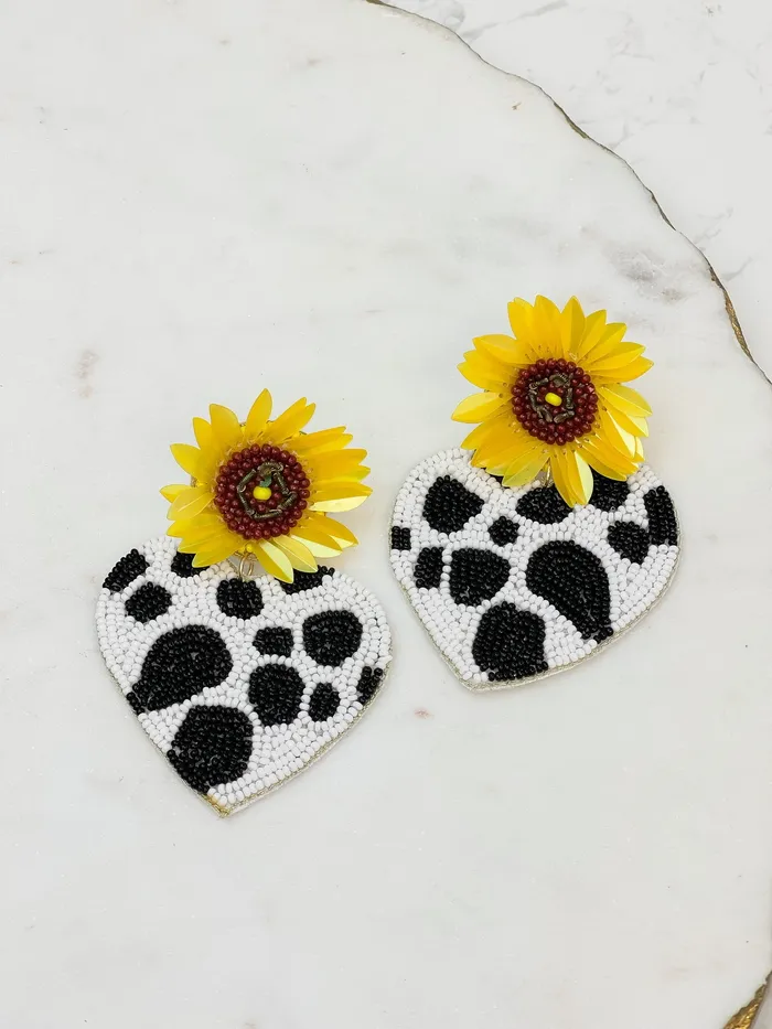 Sunflower Post Cow Print Heart Dangle Earrings Prep Obsessed TL Earrings