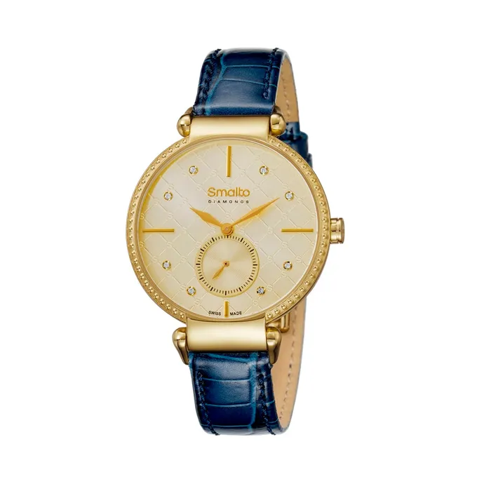 Watches Smalto Smalto Ladies Watch Golden Dial Blue Leather Strap With Diamond