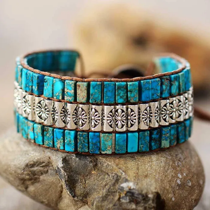 wickedafstore Bracelets Jasper Flower Design Boho Wrap Bracelet