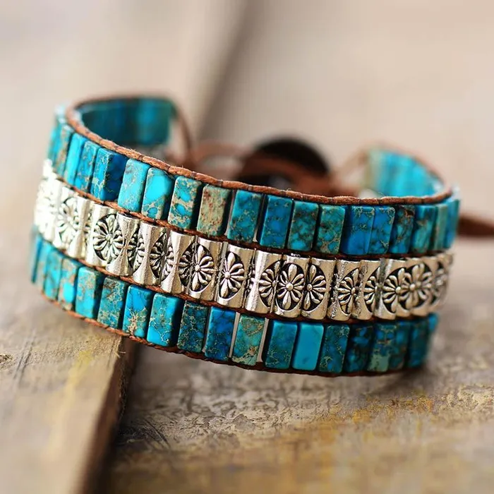 wickedafstore Bracelets Jasper Flower Design Boho Wrap Bracelet