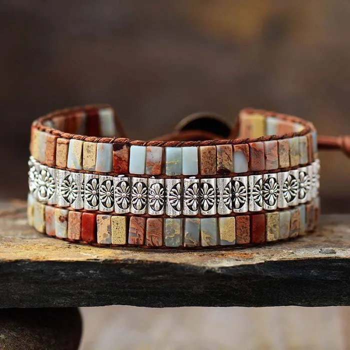 wickedafstore Bracelets Jasper Flower Design Boho Wrap Bracelet