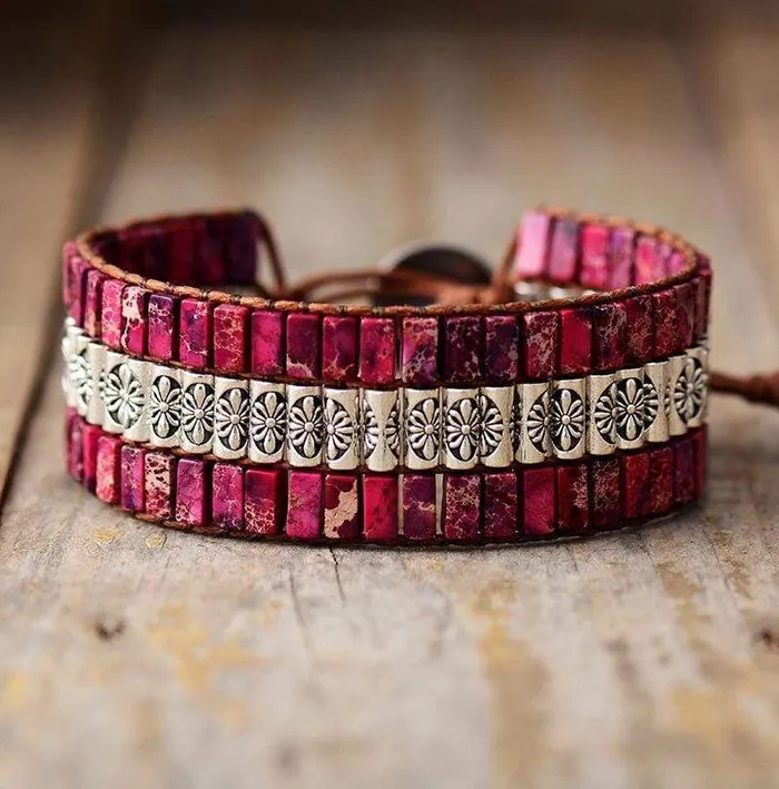 wickedafstore Bracelets Jasper Flower Design Boho Wrap Bracelet