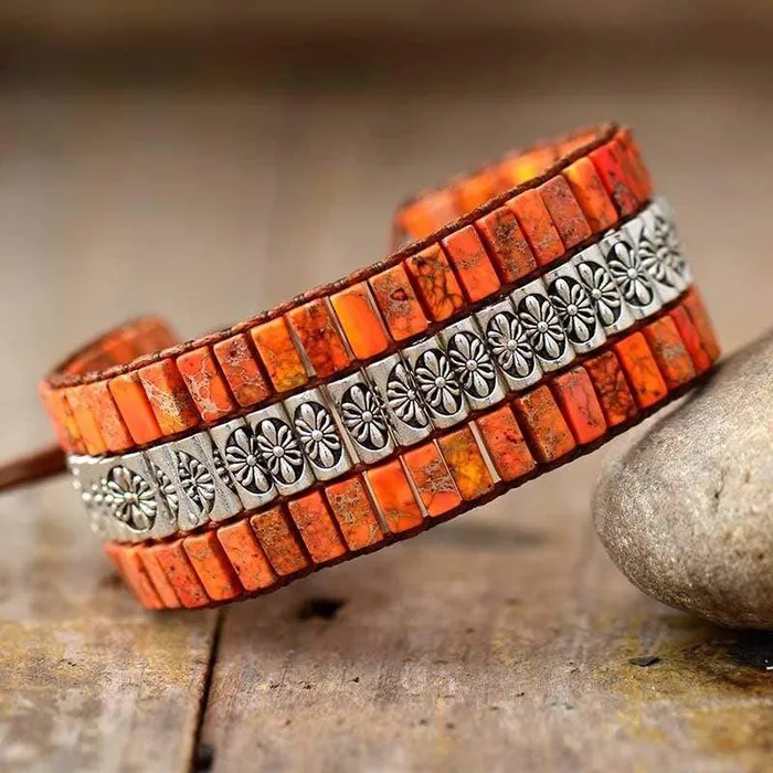 wickedafstore Bracelets Jasper Flower Design Boho Wrap Bracelet
