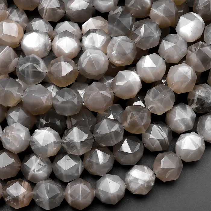 AAA Natural Silver Gray Black Moonstone Double Hearted Star Cut Faceted 10mm Rounded Beads 155 Strand Intrinsic Trading Necklaces