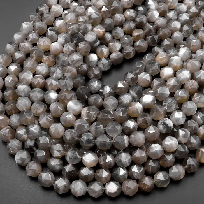 AAA Natural Silver Gray Black Moonstone Double Hearted Star Cut Faceted 10mm Rounded Beads 155 Strand Intrinsic Trading Necklaces