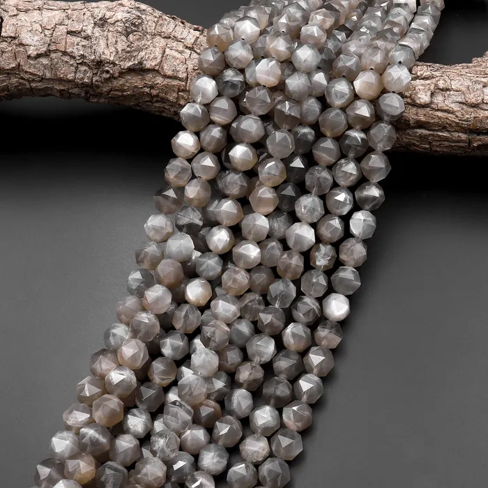 AAA Natural Silver Gray Black Moonstone Double Hearted Star Cut Faceted 10mm Rounded Beads 155 Strand Intrinsic Trading Necklaces