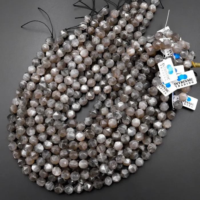 AAA Natural Silver Gray Black Moonstone Double Hearted Star Cut Faceted 10mm Rounded Beads 155 Strand Intrinsic Trading Necklaces