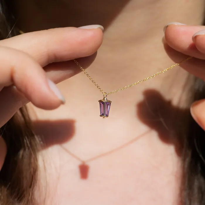 ARTEMER Dainty Lilac Sapphire Lantern Pendant in Solid Gold Necklaces