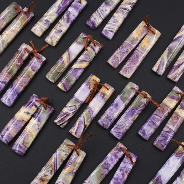 Earrings Intrinsic Trading Drilled Natural Petrified Purple Fluorite Earring Pair Long Rectangle Cabochon Cab Pair Matched Earrings Beads Stone