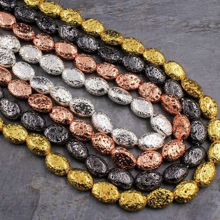 Earrings Intrinsic Trading Titanium Lava Oval Bead 14x10mm Natural Volcanic Rock Stone Metallic Gold Silver Black Gunmetal Rose Gold Plated 16 Strand