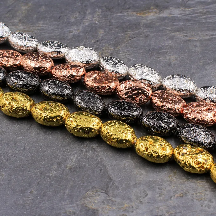 Earrings Intrinsic Trading Titanium Lava Oval Bead 14x10mm Natural Volcanic Rock Stone Metallic Gold Silver Black Gunmetal Rose Gold Plated 16 Strand