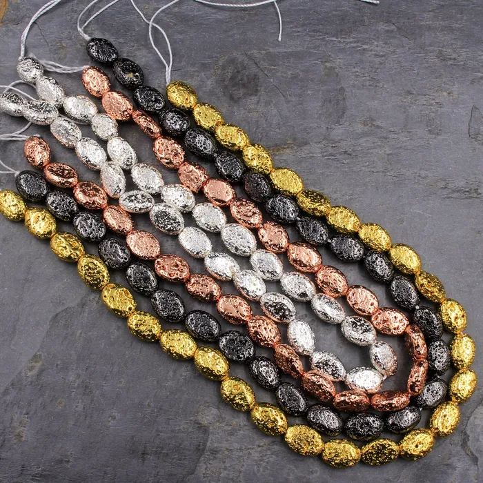 Earrings Intrinsic Trading Titanium Lava Oval Bead 14x10mm Natural Volcanic Rock Stone Metallic Gold Silver Black Gunmetal Rose Gold Plated 16 Strand