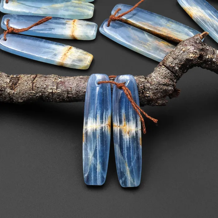 Earrings Natural Argentina Lemurian Aquatine Blue Calcite Long Drum Rectangle Earring Matched Gemstone Bead Pair Intrinsic Trading