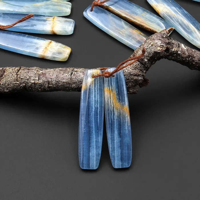 Earrings Natural Argentina Lemurian Aquatine Blue Calcite Long Drum Rectangle Earring Matched Gemstone Bead Pair Intrinsic Trading