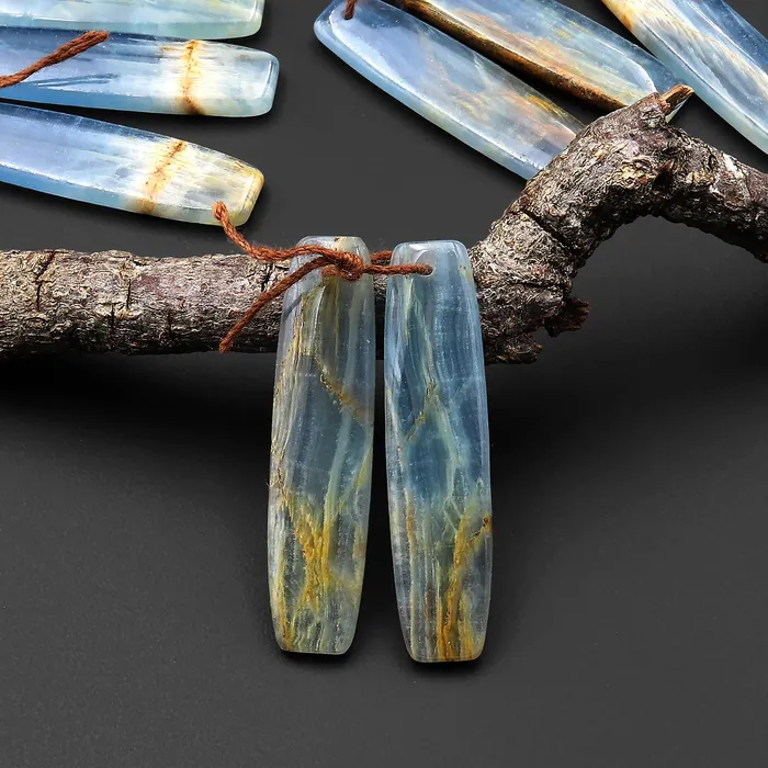 Earrings Natural Argentina Lemurian Aquatine Blue Calcite Long Drum Rectangle Earring Matched Gemstone Bead Pair Intrinsic Trading