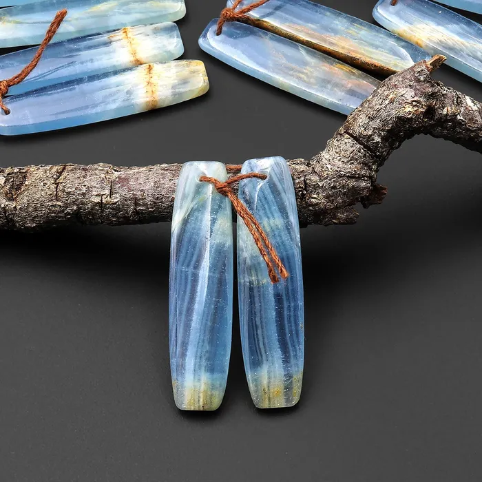 Earrings Natural Argentina Lemurian Aquatine Blue Calcite Long Drum Rectangle Earring Matched Gemstone Bead Pair Intrinsic Trading