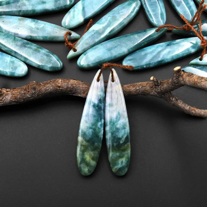 Earrings Natural Green Mountain Jade Long Slender Teardrop Earrings Matched Gemstone Bead Pair Intrinsic Trading