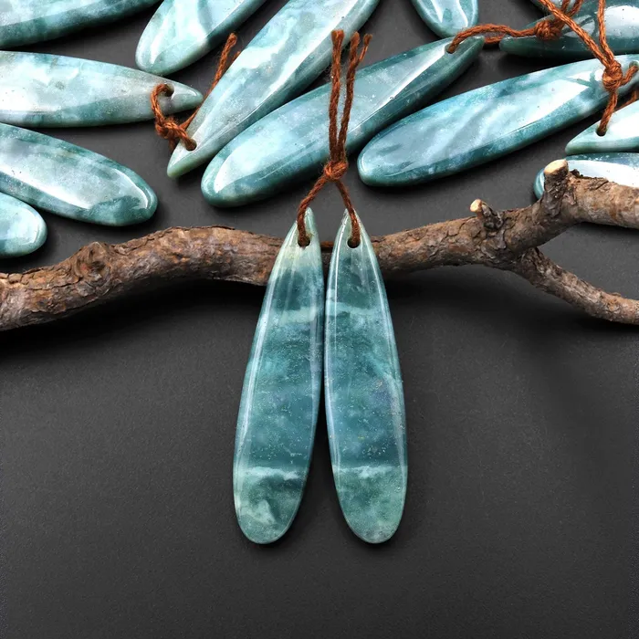 Earrings Natural Green Mountain Jade Long Slender Teardrop Earrings Matched Gemstone Bead Pair Intrinsic Trading