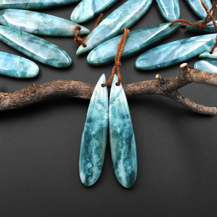 Earrings Natural Green Mountain Jade Long Slender Teardrop Earrings Matched Gemstone Bead Pair Intrinsic Trading