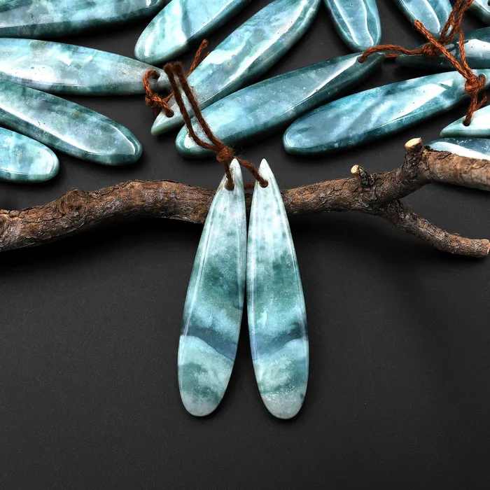 Earrings Natural Green Mountain Jade Long Slender Teardrop Earrings Matched Gemstone Bead Pair Intrinsic Trading