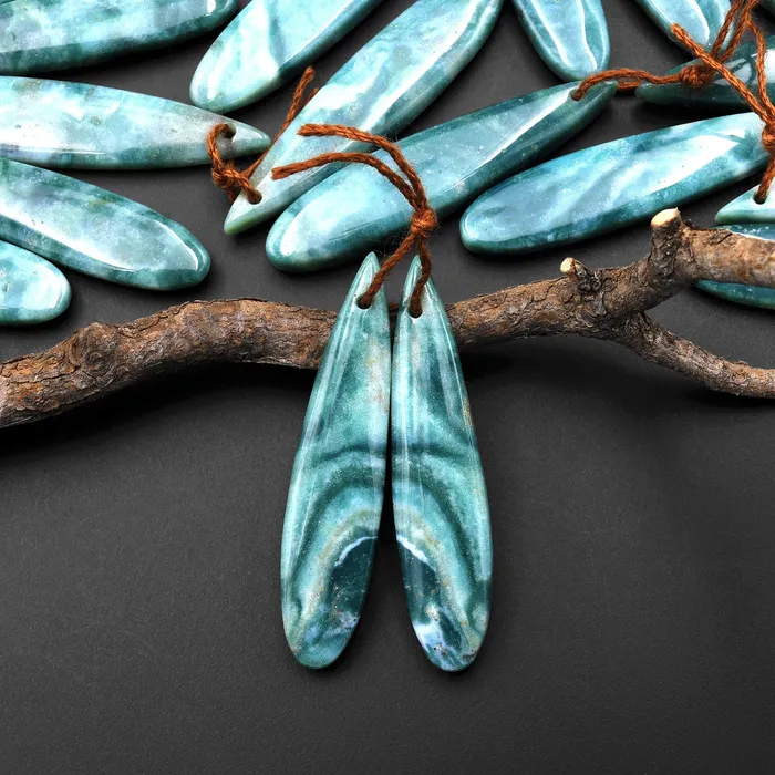 Earrings Natural Green Mountain Jade Long Slender Teardrop Earrings Matched Gemstone Bead Pair Intrinsic Trading