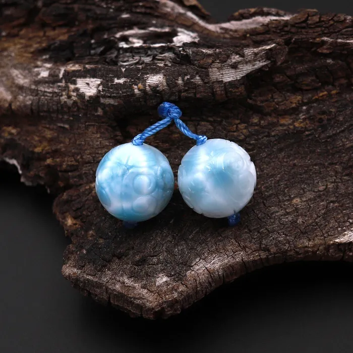 Hand Carved Natural Larimar Round Beads Earring Pair Drilled Matched Gemstone Intrinsic Trading Earrings