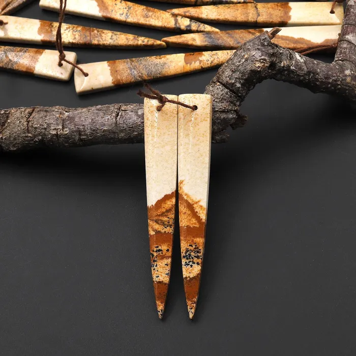 Intrinsic Trading AAA Drilled Natural Picture Jasper Long Triangle Dagger Earring Cabochon Matched Gemstone Bead Pair A7 Earrings