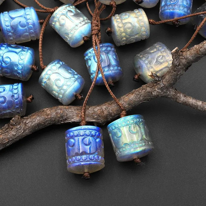 Intrinsic Trading AAA Natural Labradorite Hand Carved Tube Cylinder Gemstone Matched Earring Pair Beads A3 Earrings